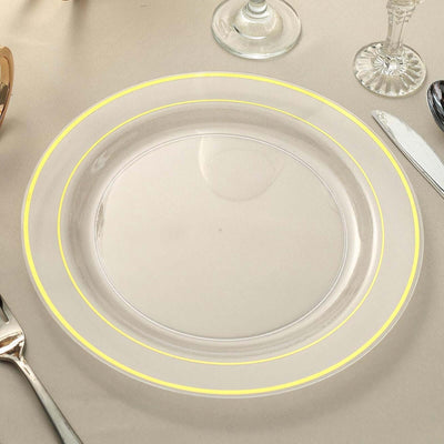 10-Pack Plastic Dinner Plates 10" Clear with Très Chic Gold Rim - Disposable Plates for Weddings
