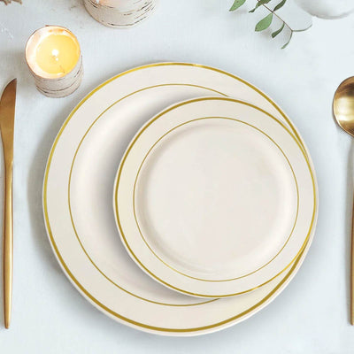 10-Pack Plastic Dessert Plates 6" Ivory with Très Chic Gold Rim - Perfect Disposable Salad Plates