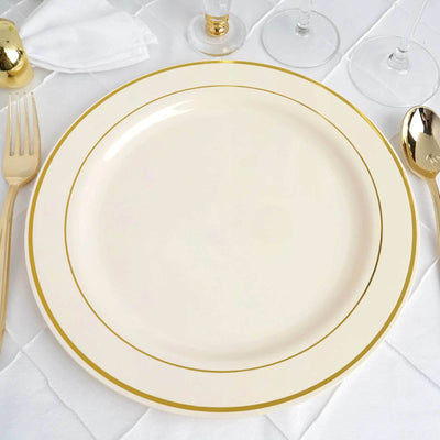 10-Pack Plastic Dinner Plates 10" Ivory with Très Chic Gold Rim - Stylish Disposable Plates for Events