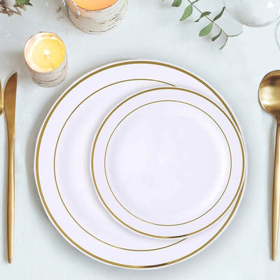 10-Pack Plastic Dessert Plates 6" White with Très Chic Gold Rim - Premium Disposable Salad Plates