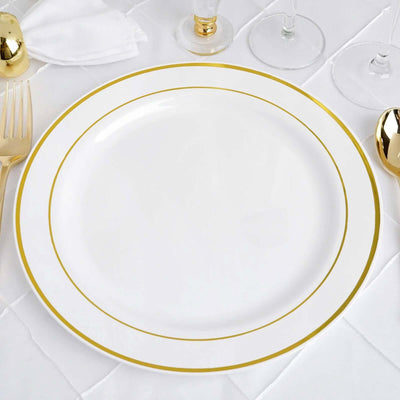 10-Pack Plastic Dinner Plates 10" White with Très Chic Gold Rim - Stylish Disposable Plates for Events