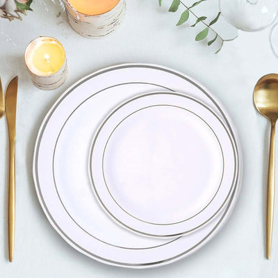 10-Pack Plastic Dessert Plates 6" White with Très Chic Silver Rim - Premium Disposable Salad Plates