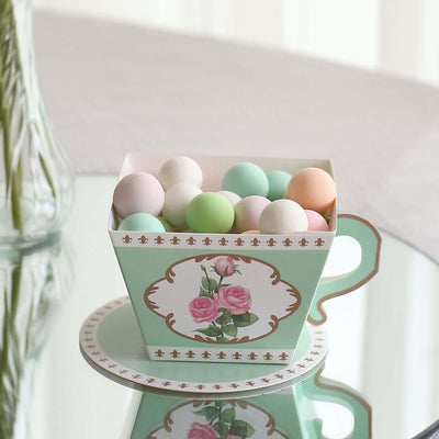 25 Pack Turquoise Mini Teacup and Saucer Gift Boxes with Rose Floral Print, Tea Time Party Favor Candy Boxes - 4"x3"