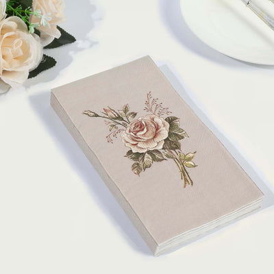20-Pack Paper Dinner Napkins 2 Ply Pink/Ivory with Vintage Rose Print - Soft Disposable Garden Party Style Napkins