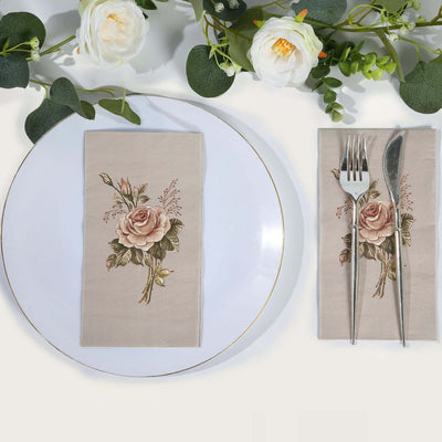 20-Pack Paper Dinner Napkins 2 Ply Pink/Ivory with Vintage Rose Print - Soft Disposable Garden Party Style Napkins