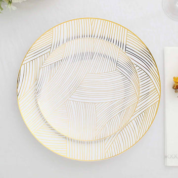 10 Pack White And Gold Wave Brush Stroked Plastic Dessert Plates, Disposable Appetizer Salad Plates 7"