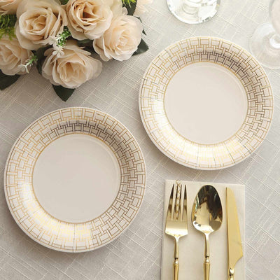 25-Pack Paper Round Dessert Plates 7" White with Gold Basketweave Rim - Disposable Appetizer Salad Plates for Stylish Soirées & Festive Brunches