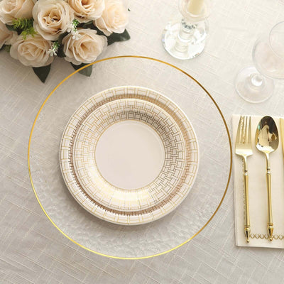 25-Pack Paper Round Dessert Plates 7" White with Gold Basketweave Rim - Disposable Appetizer Salad Plates for Stylish Soirées & Festive Brunches