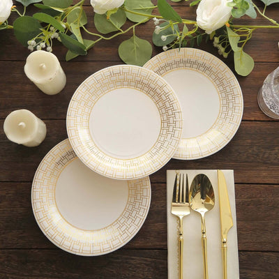 25-Pack Paper Round Dessert Plates 7" White with Gold Basketweave Rim - Disposable Appetizer Salad Plates for Stylish Soirées & Festive Brunches
