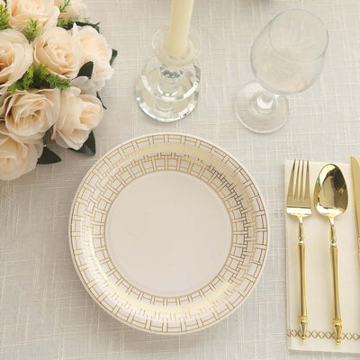 25-Pack Paper Round Dinner Plates 9" White with Gold Basketweave Rim - Disposable Party Plates for Exquisite Gatherings & Celebrations