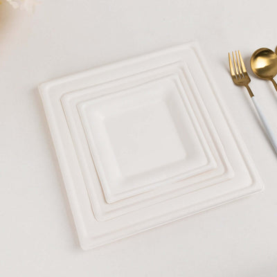 50-Pack Bagasse Square Dinner Plates 10" White with Wide Rim - Eco Friendly Disposable Sugarcane Party Plates for Gatherings