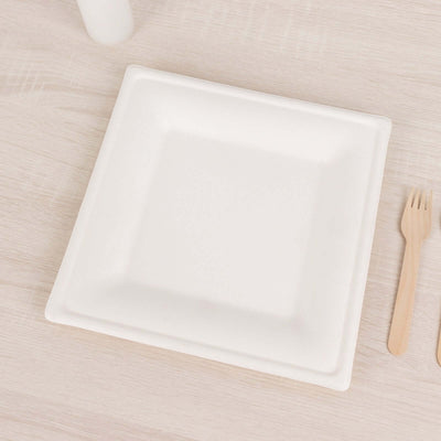 50-Pack Bagasse Square Dinner Plates 10" White with Wide Rim - Eco Friendly Disposable Sugarcane Party Plates for Gatherings