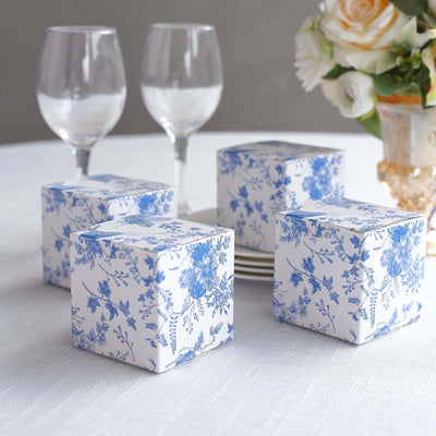 25 Pack White Blue Paper Gift Boxes in French Toile Pattern, Cardstock Party Shower Candy Favor Boxes - 3"x3"x3"