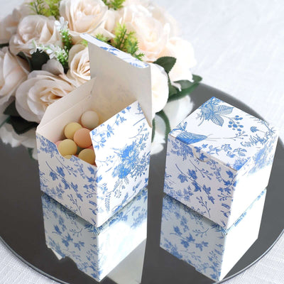 25 Pack White Blue Paper Gift Boxes in French Toile Pattern, Cardstock Party Shower Candy Favor Boxes - 3"x3"x3"