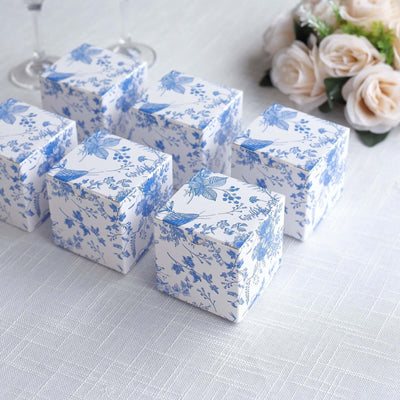 25 Pack White Blue Paper Gift Boxes in French Toile Pattern, Cardstock Party Shower Candy Favor Boxes - 3"x3"x3"