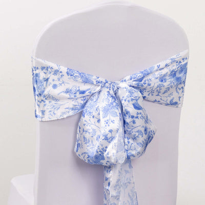 5 Pack Satin Chair Sashes 6"x108" White/Blue French Toile Floral Pattern - Smooth & Durable Chair Bows for Chic Weddings, Parties & Events