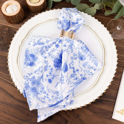 5 Pack Satin Napkins 20"x20" White/Blue French Toile Pattern - Soft & Reusable Dinner Napkins Upscale Gatherings