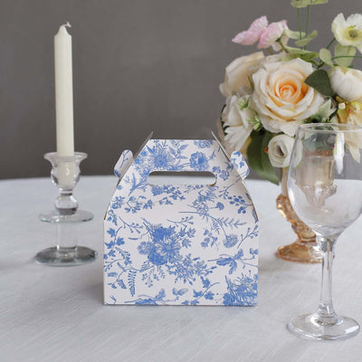 25 Pack White Blue Party Favor Gift Tote Gable Boxes in French Toile Pattern, Candy Treat Boxes - 6"x3.5"x7"