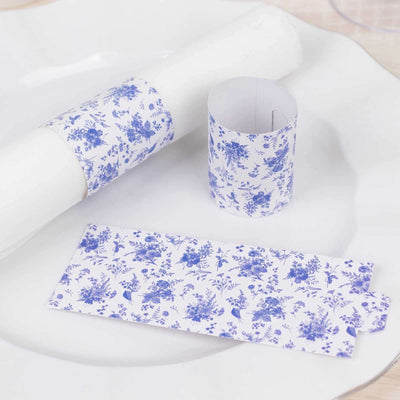 50 Pack White Blue Paper Napkin Rings in French Toile Floral Pattern, Disposable Napkin Holders Bands - 1.5"