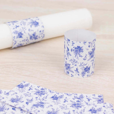 50 Pack White Blue Paper Napkin Rings in French Toile Floral Pattern, Disposable Napkin Holders Bands - 1.5"