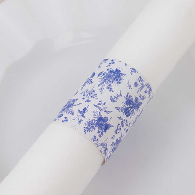 50 Pack White Blue Paper Napkin Rings in French Toile Floral Pattern, Disposable Napkin Holders Bands - 1.5"