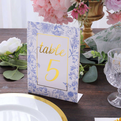 25-Pack Paper Wedding Table Numbers 7" White/Blue French Toile Design with Gold Foil Numbers 1-25 Chic Free Standing Double Sided Table Sign Cards