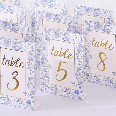 25-Pack Paper Wedding Table Numbers 7" White/Blue French Toile Design with Gold Foil Numbers 1-25 Chic Free Standing Double Sided Table Sign Cards