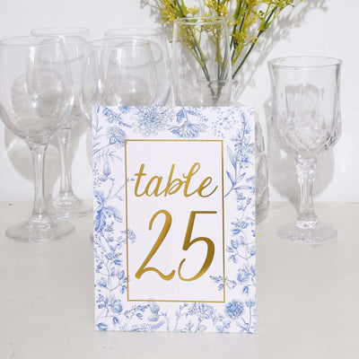 25-Pack Paper Wedding Table Numbers 7" White/Blue French Toile Design with Gold Foil Numbers 1-25 Chic Free Standing Double Sided Table Sign Cards