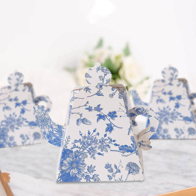 25 Pack White Blue Mini Teapot Gift Boxes in French Toile Pattern, Tea Time Party Favor Boxes - 5"x4"