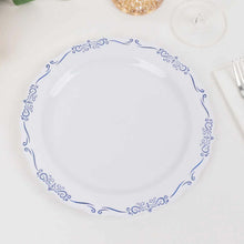 10 Pack White Blue Vintage Rim Hard Plastic Dinner Plates With Embossed Scalloped Edges