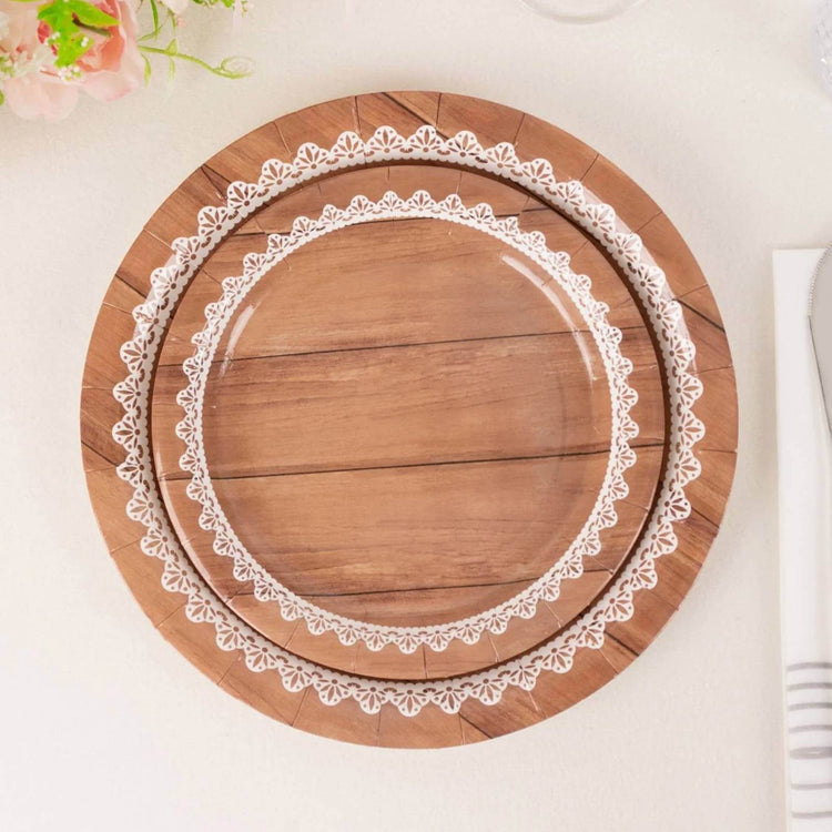 25 Pack White Brown Wood Grain Print Paper Dessert Plates With Floral Lace Rim