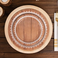 25 Pack White Brown Wood Grain Print Paper Dessert Plates With Floral Lace Rim