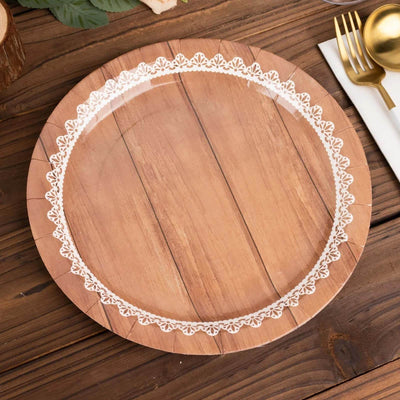 25-Pack Paper Round Dinner Plates 10" Brown Wood Grain Print with White Floral Lace Rim - Disposable Party Plates Rustic & Nature-Inspired Events