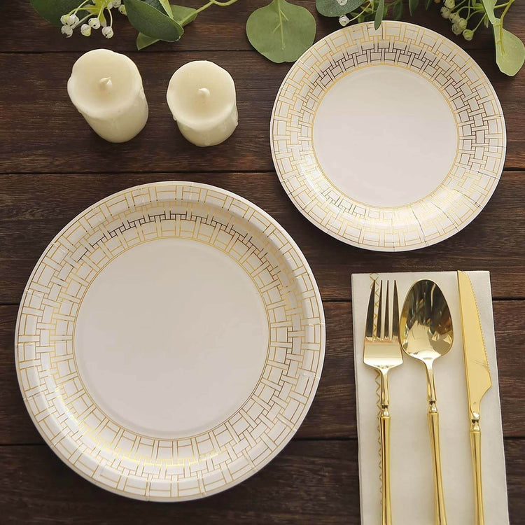 25 Pack White Dinner Paper Plates With Gold Basketweave Pattern Rim, 9inch Round Disposable Party