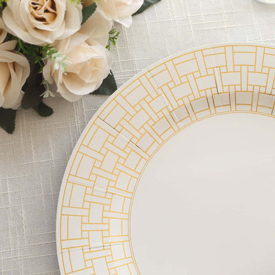 10 Pack Cardstock Paper Charger Plates 13" White with Gold Basketweave Pattern Rim - 650GSM Cardboard Placemats for Parties, Events & Home Entertaining