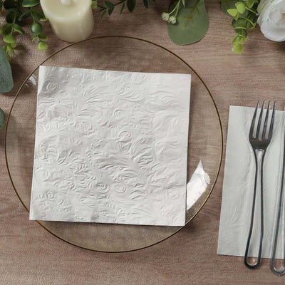 50-Pack Paper Cocktail Napkins 2 Ply White with Embossed French Swirl Pattern 6.5"x6.5" - Soft Disposable Party Napkins
