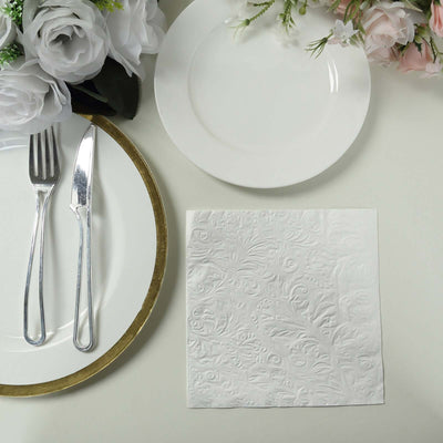 50-Pack Paper Cocktail Napkins 2 Ply White with Embossed French Swirl Pattern 6.5"x6.5" - Soft Disposable Party Napkins