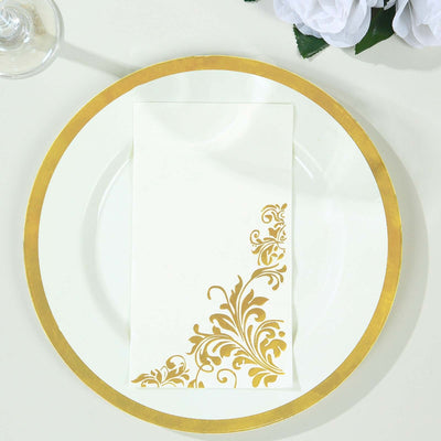 50-Pack Paper Napkins 8"x4" White with Gold Baroque Floral Print - Soft Disposable Party Napkins