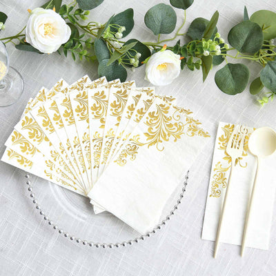 50-Pack Paper Napkins 8"x4" White with Gold Baroque Floral Print - Soft Disposable Party Napkins