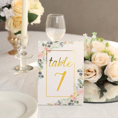 25-Pack Paper Wedding Table Numbers 7" White/Gold Peony Flowers Design with Foil Numbers 1-25 Chic Free Standing Double Sided Table Sign Cards