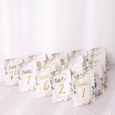 25-Pack Paper Wedding Table Numbers 7" White/Gold Peony Flowers Design with Foil Numbers 1-25 Chic Free Standing Double Sided Table Sign Cards