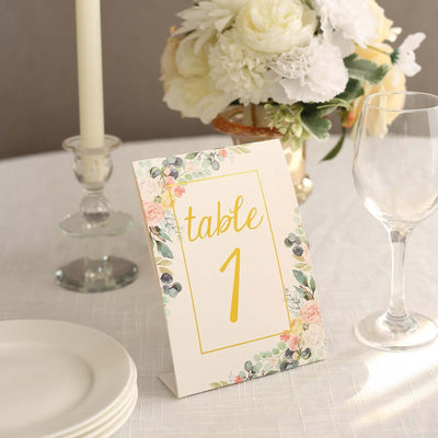 25-Pack Paper Wedding Table Numbers 7" White/Gold Peony Flowers Design with Foil Numbers 1-25 Chic Free Standing Double Sided Table Sign Cards