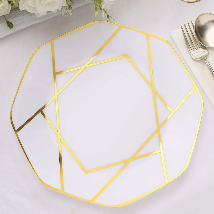 Gold Line Geometric Design On White 10 Inch Plastic Plates 10