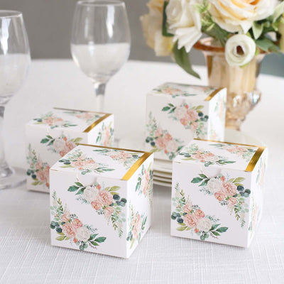 25 Pack White Pink Peony Flowers Print Paper Gift Boxes with Gold Edge, Cardstock Party Shower Candy Favor Boxes - 3"x3"x3"