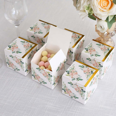 25 Pack White Pink Peony Flowers Print Paper Gift Boxes with Gold Edge, Cardstock Party Shower Candy Favor Boxes - 3"x3"x3"