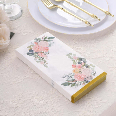 20-Pack Paper Dinner Napkins 2-Ply White with Pink Peony Flowers Print and Gold Edge - Soft and Absorbent Party Napkins