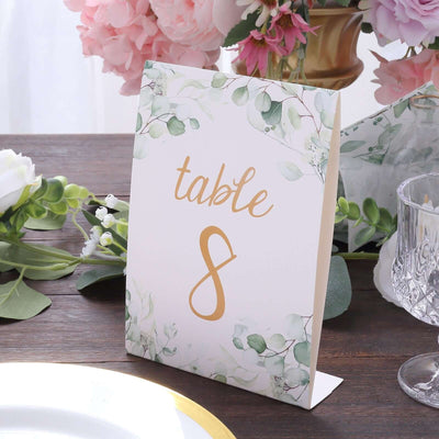 25-Pack Paper Wedding Table Numbers 7" White/Green Eucalyptus Leaves