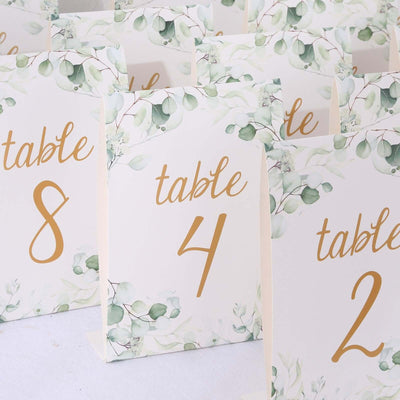 25-Pack Paper Wedding Table Numbers 7" White/Green Eucalyptus Leaves
