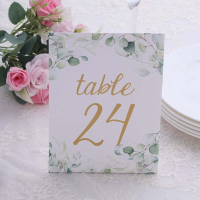 25-Pack Paper Wedding Table Numbers 7" White/Green Eucalyptus Leaves