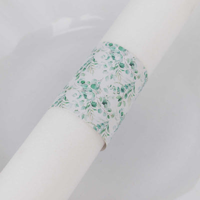 50 Pack White Green Paper Napkin Rings with Eucalyptus Leaves Print, Disposable Napkin Holders Bands - 1.5"
